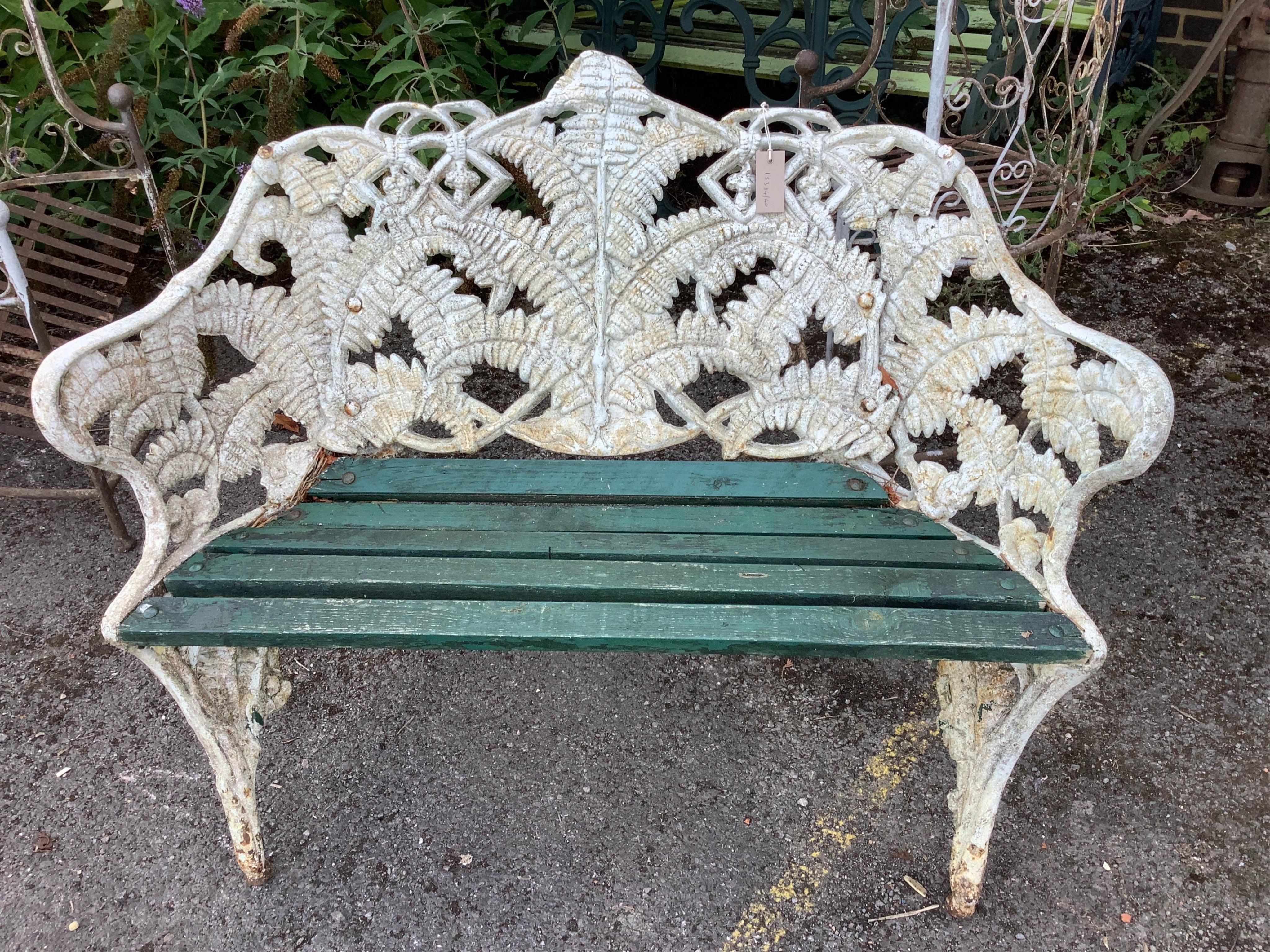 A Victorian cast iron Coalbrookdale style fern pattern garden bench, width 114cm, depth 45cm, height 85cm. Condition - fair